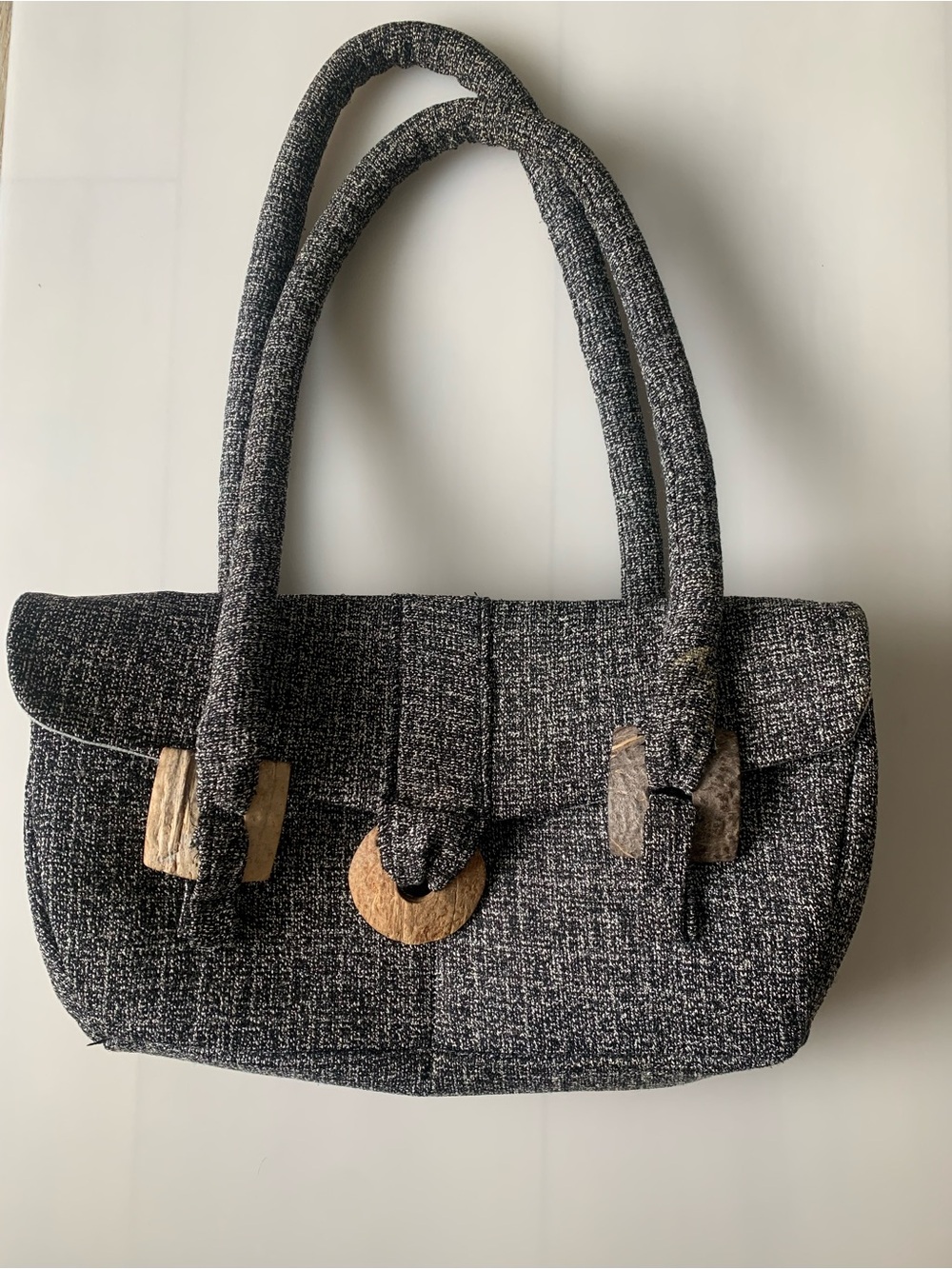 Boho Textured Shoulder Bag Wood Accent Handmade Style Gray Black Tote Purse